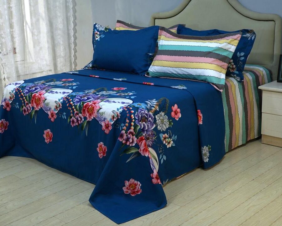 Blue Floral and Striped Cotton Bedsheets